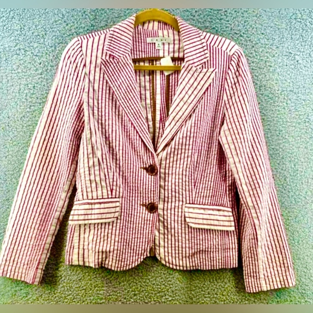 CAbi 391 Captains Pinstripe Seersucker Jacket w Nautical Detailing Features: